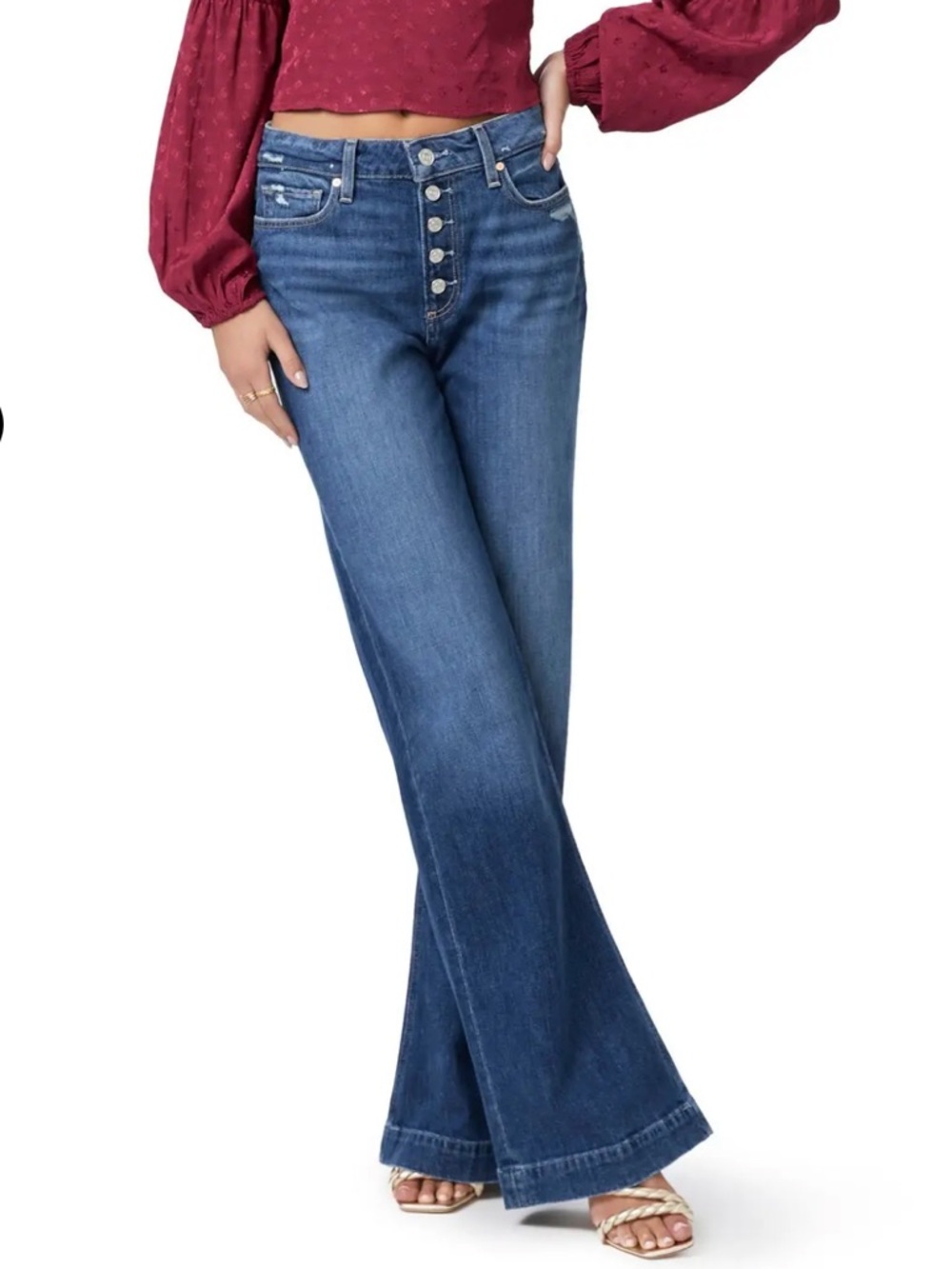 Paige Leenah High Waist Exposed Button Wide-Leg Dark Blue Jeans-Size 28